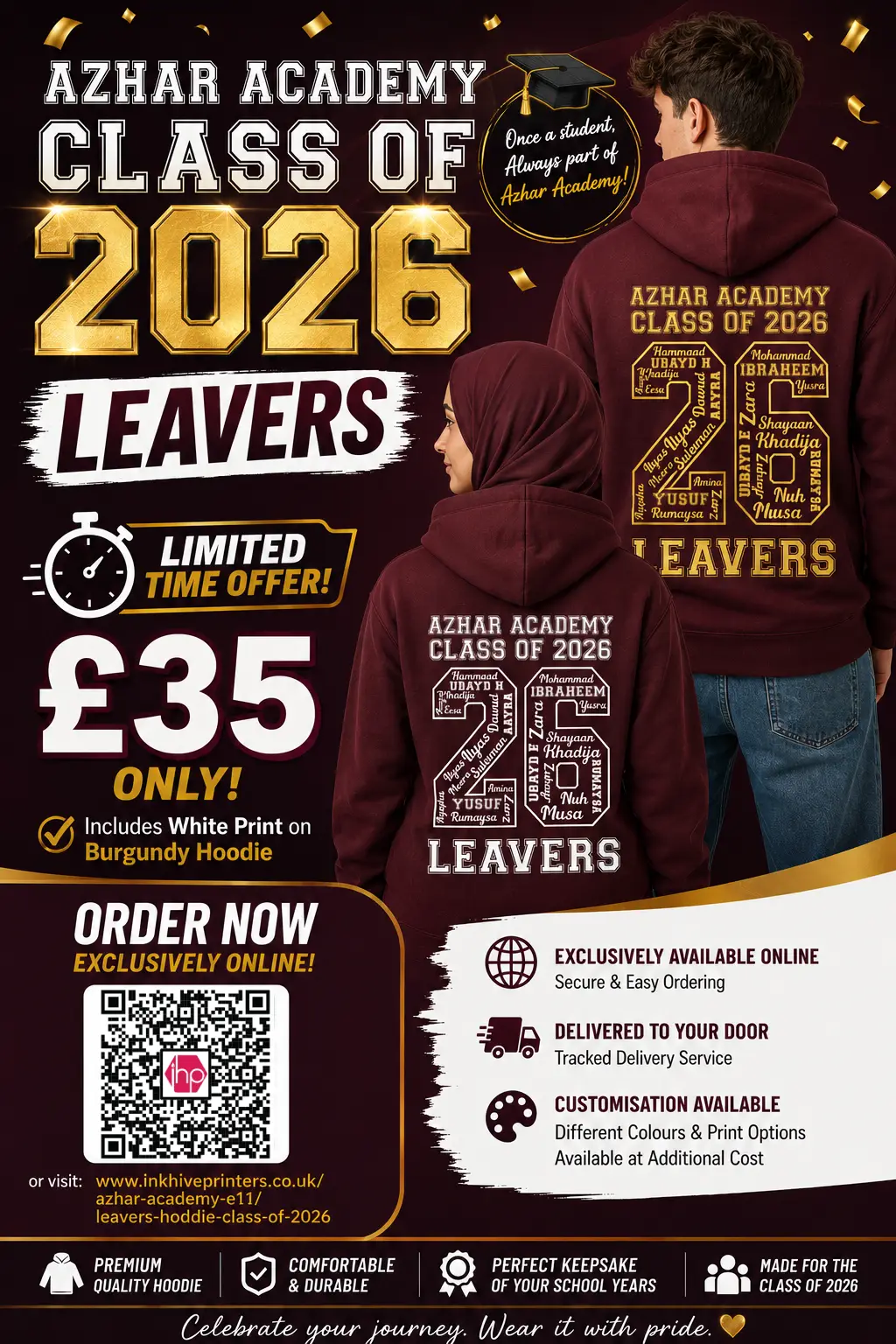 Azhar Academy Class of 2026 Leavers Hoodie – burgundy hoodie with white print showing all pupil names, printed by InkHive Printers